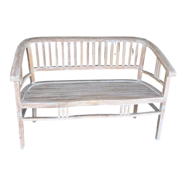 Two-seater teak wood bench with curved slatted back and armrests, whitewashed finish, front view"