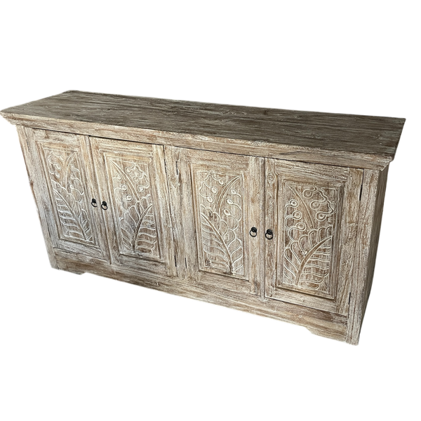 Buffet Cabinet Palm Carved 4 Doors Teak Wood