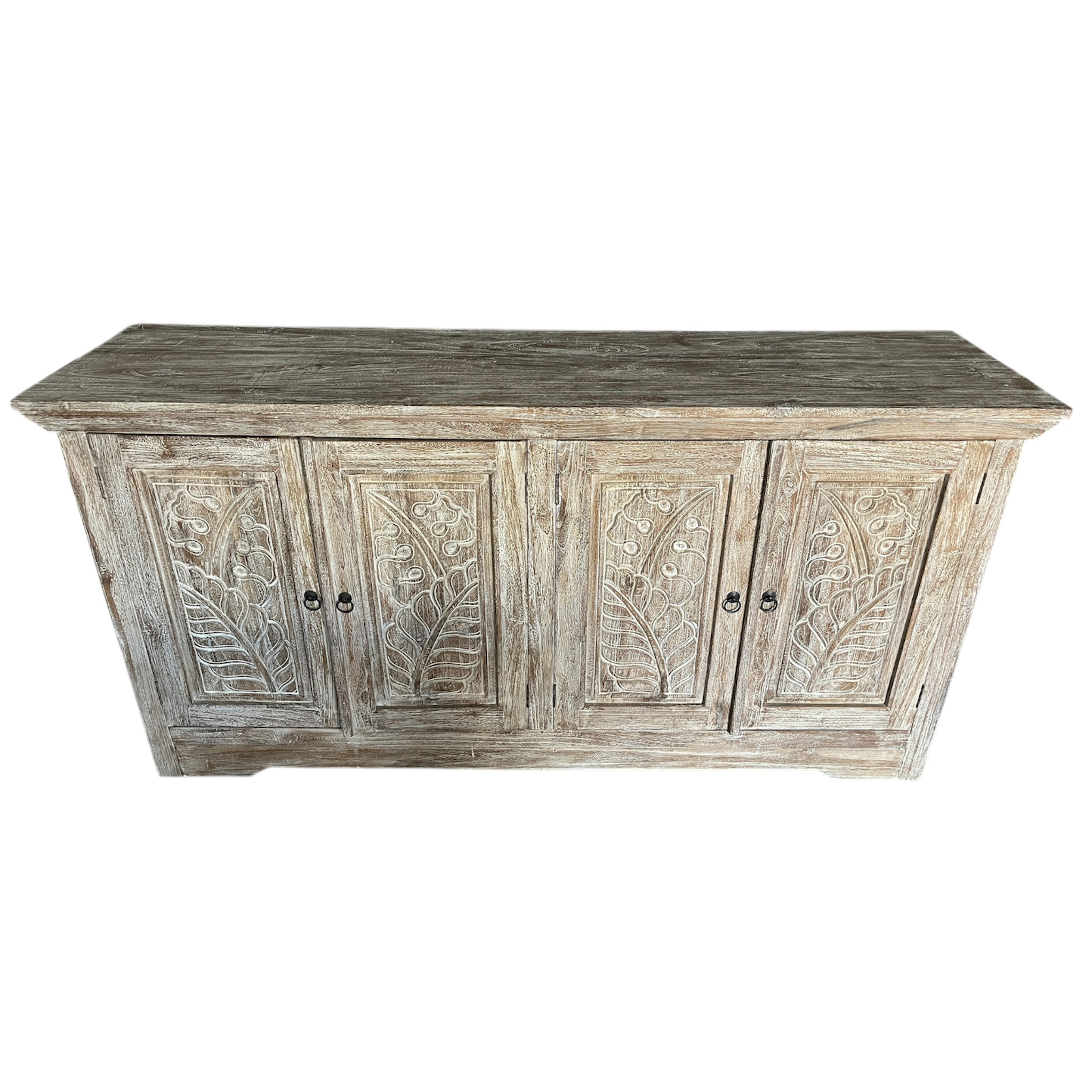 Buffet Cabinet Palm Carved 4 Doors Teak Wood
