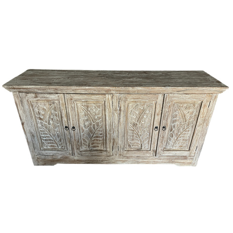 Buffet Cabinet Palm Carved 4 Doors Teak Wood