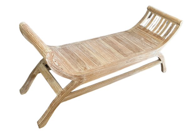 A Double Kartini teak wood chair with a slatted design and a supportive curved structure. left view