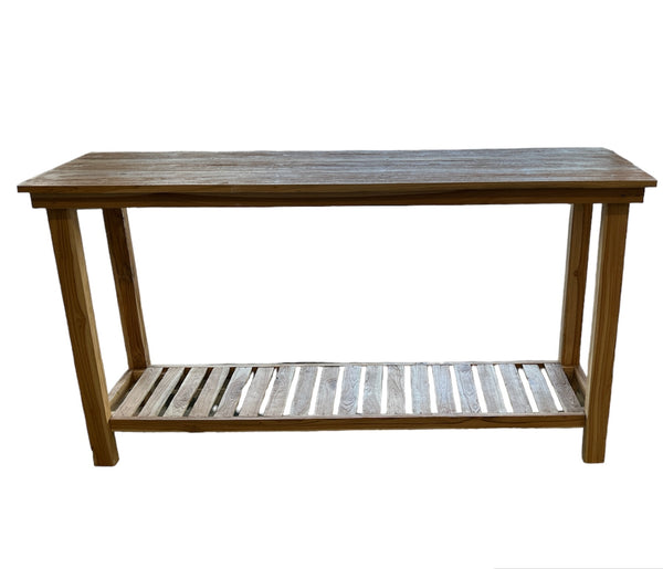 A natural raw teak wood console table with a bottom shelf, featuring a slatted design, front view