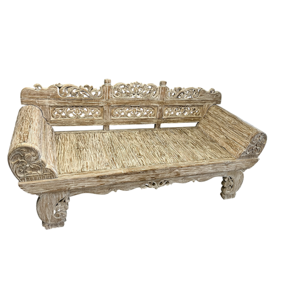 Decorative wooden white washed teak day bed with intricate carvings, front view