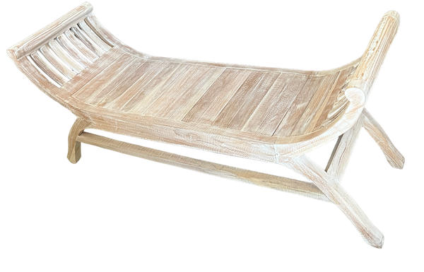 A Double Kartini teak wood chair with a slatted design and a supportive curved structure. righ view