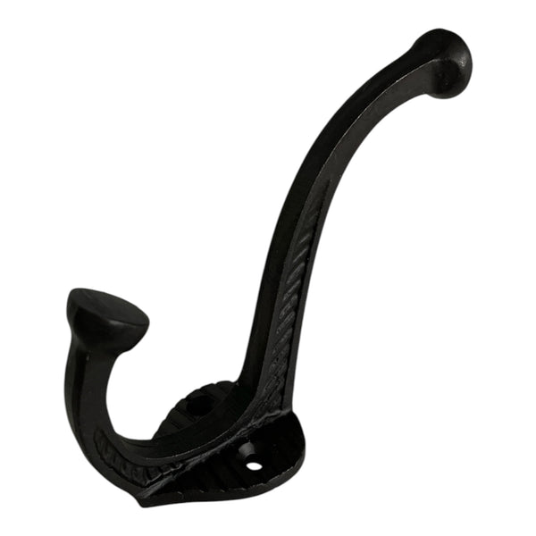 Black metal wall hook on a white background
