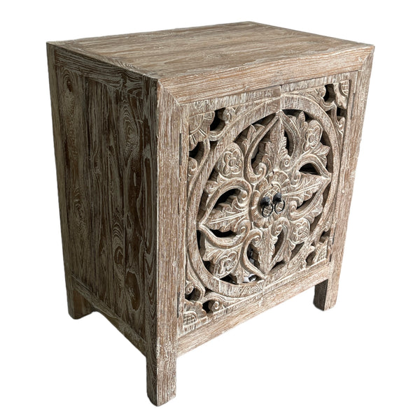 Bedside Table Double Door Open carving White Washed Teak