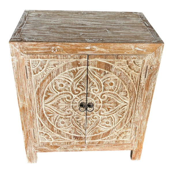 Bedside Table Double Door Carving White Washed Teak
