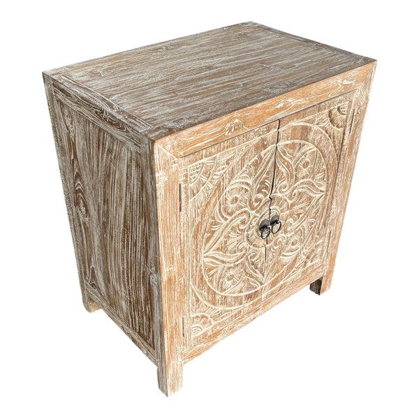 Bedside Table Double Door Carving White Washed Teak