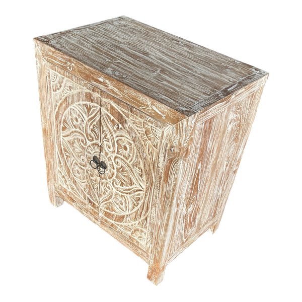Bedside Table Double Door Carving White Washed Teak