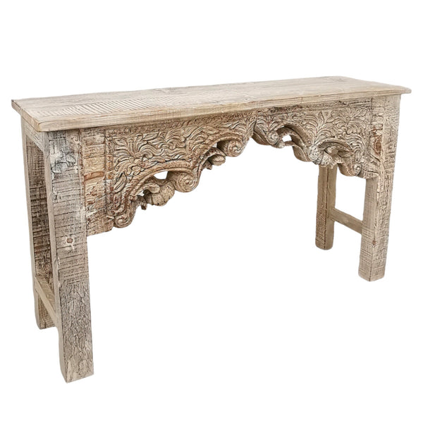 Console Table Ornate Carving 1,4m and a white wash finish.