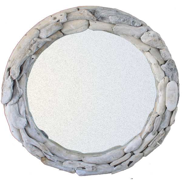 100cm round driftwood mirror giving a natural and rustic appearance. Coastal Living beach house decor