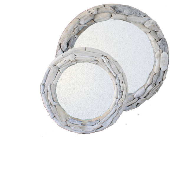 group of round mirror with a driftwood frame giving a natural and rustic appearance.