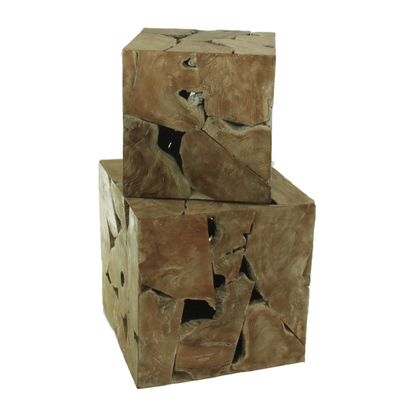 A set of two organic teak block side tables with a white washed finish.